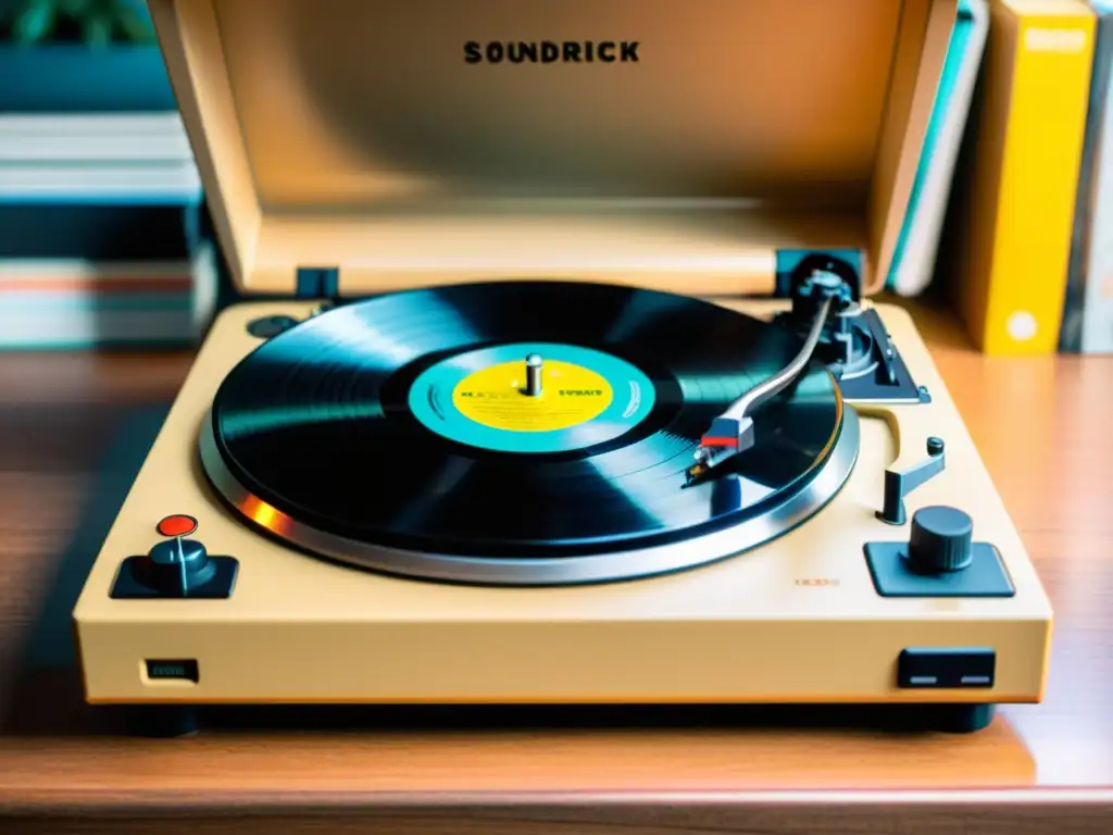 Vintage tocadiscos con música anime en vinilo, rodeado de bandas sonoras