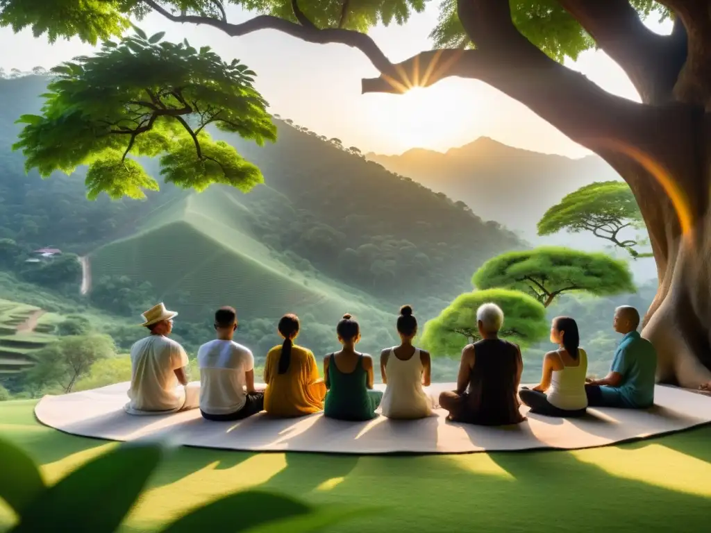 Meditación Vipassana para la claridad: Retiro sereno en la naturaleza, meditadores bajo Bodhi tree al atardecer