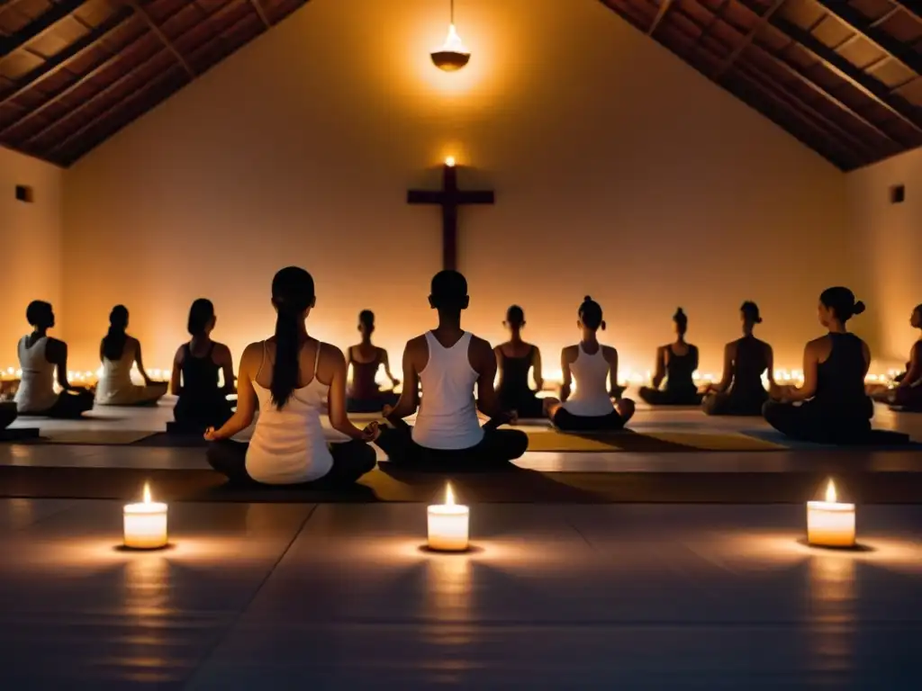 Práctica de meditación Vipassana para la claridad en un tranquilo salón iluminado por velas, con personas en profunda concentración