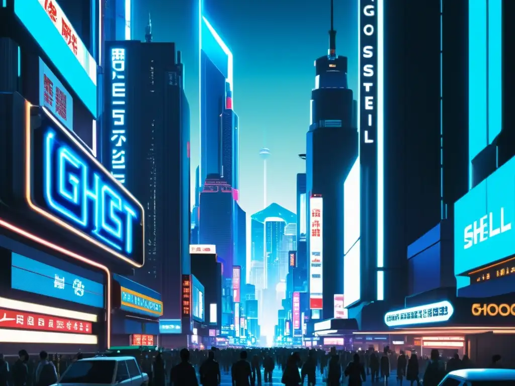 Una visión detallada de la futurista ciudad del anime 'Ghost in the Shell', con rascacielos, luces de neón, calles llenas de vehículos avanzados, y una estética cibernética oscura