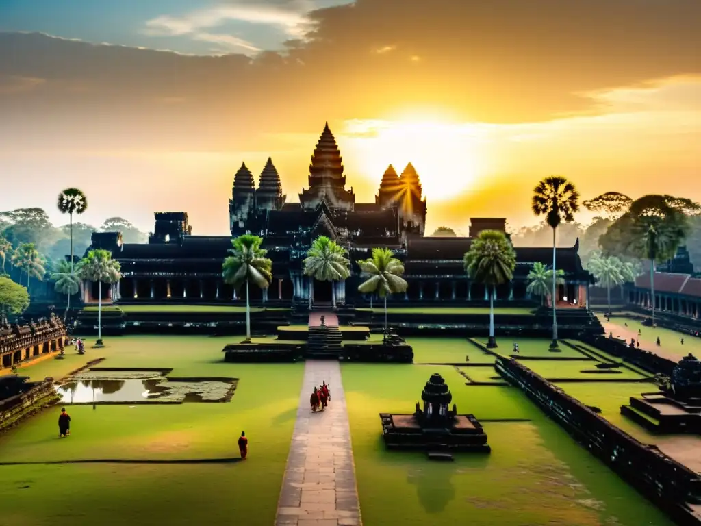 Vista aérea de Angkor Wat al amanecer, reflejándose en el agua