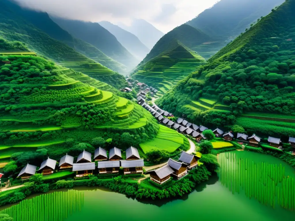 Vista aérea de una aldea tribal asiática con arquitectura tradicional, rodeada de exuberante vegetación y montañas majestuosas