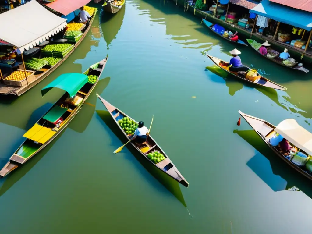 Mercado flotante tailandés: escena vibrante y colorida Vista aérea de animado mercado flotante en klong tailandés
