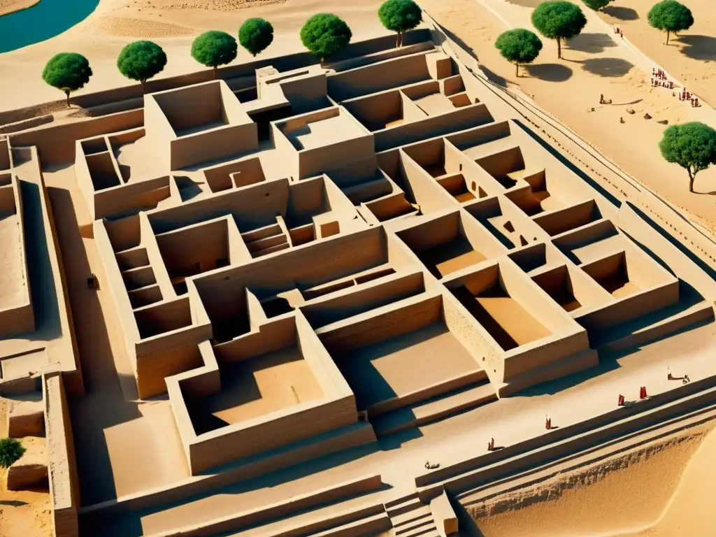 Vista aérea de la antigua ciudad de MohenjoDaro, con su avanzada planificación urbana y el icónico Gran Baño en primer plano, revelando la modernidad de la civilización del Valle del Indo