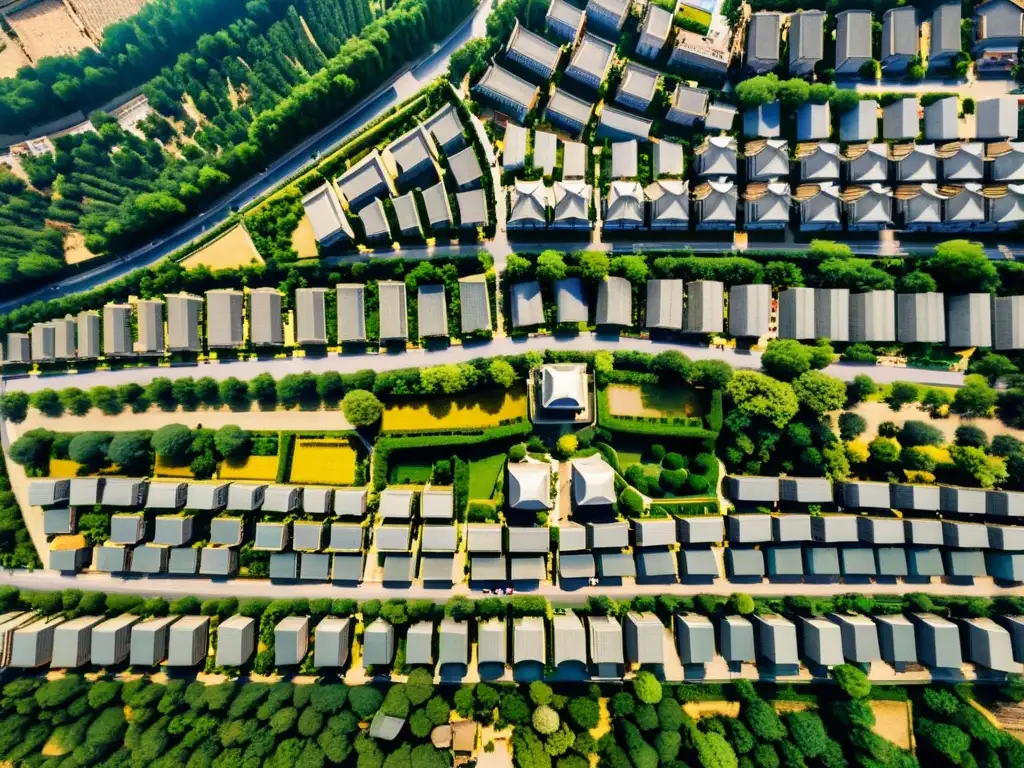 Vista aérea de la antigua ciudad de Xi'an, China, mostrando el diseño armonioso y la influencia del Feng Shui en la arquitectura imperial China