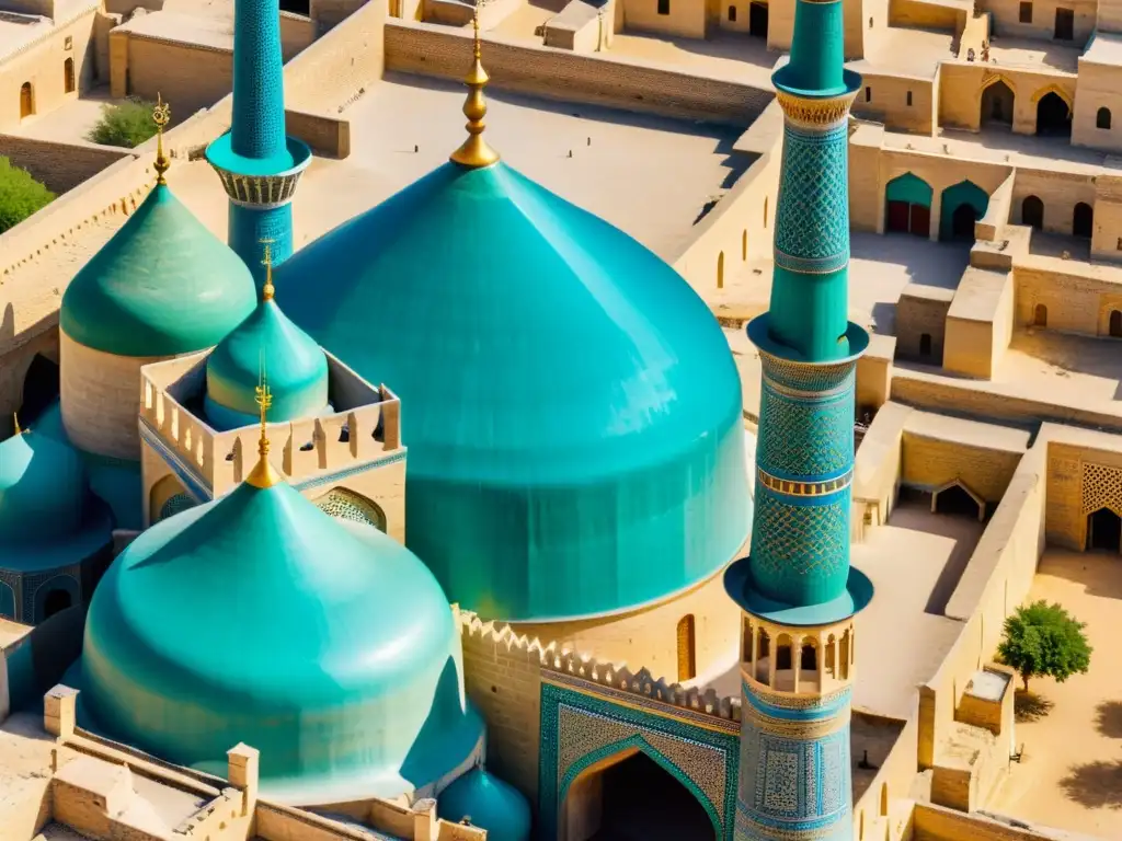 Vista aérea de la antigua ciudad de Bukhara en Asia Central, con sus calles laberínticas y cúpulas turquesas