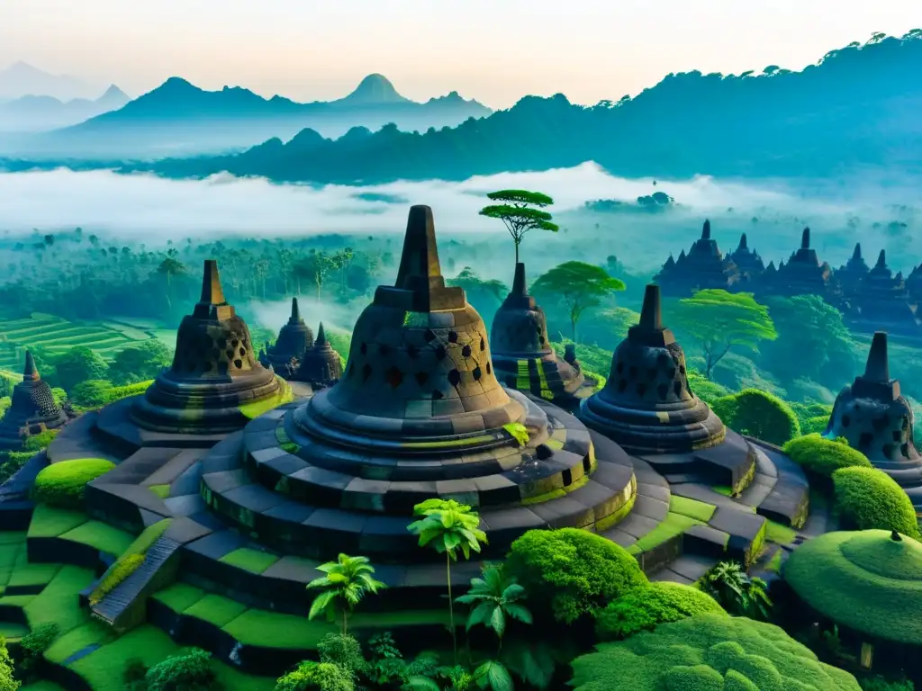 Vista aérea del antiguo complejo del templo Borobudur en Indonesia, envuelto por exuberante selva y montañas brumosas