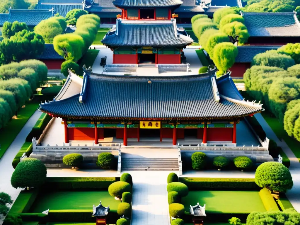 Vista aérea del antiguo templo confuciano en Qufu, China, rodeado de exuberantes jardines y gente explorando