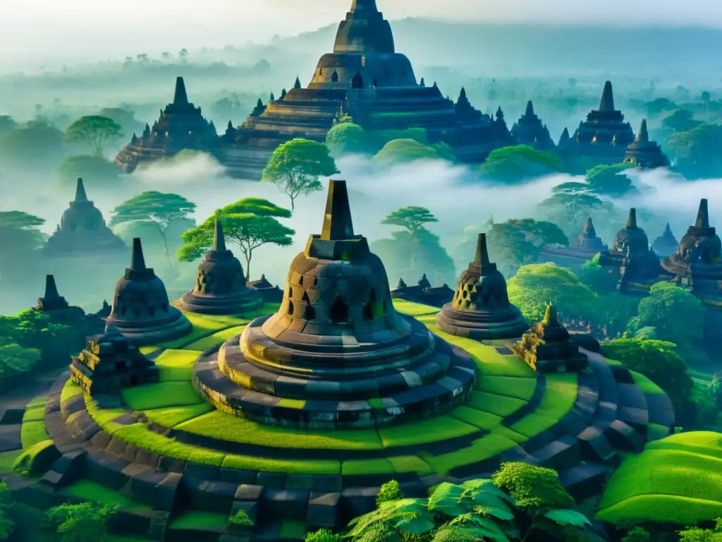 Vista aérea del antiguo templo Borobudur en Indonesia, rodeado de exuberante vegetación y montañas brumosas