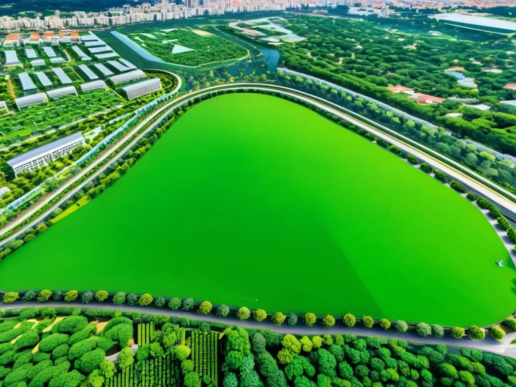 Vista aérea de área urbana con arquitectura sostenible y zonas verdes urbanas integradas en el paisaje, mostrando equilibrio y armonía