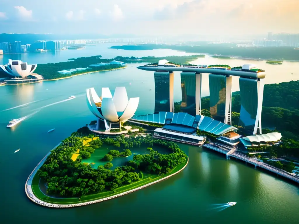 Vista aérea de la icónica Marina Bay Sands en Singapur, reflejando la arquitectura asiática y la armonía entre ciudad y naturaleza