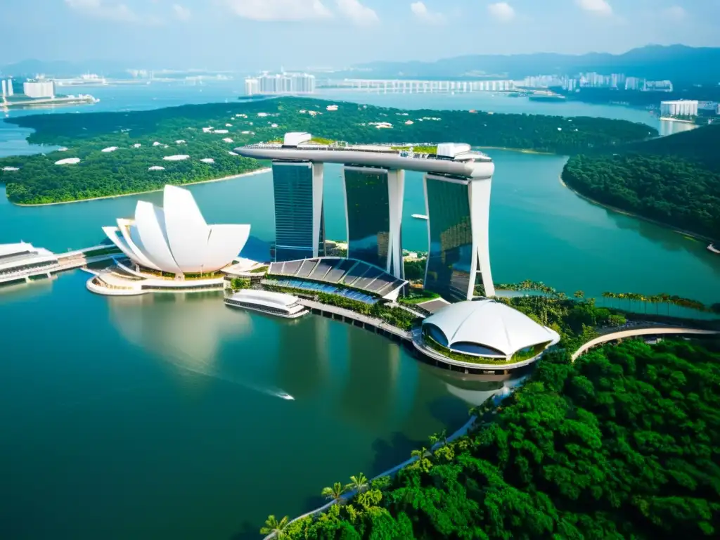 Vista aérea del icónico complejo Marina Bay Sands en Singapur, con arquitectura asiática integrada con naturaleza y piscina infinita