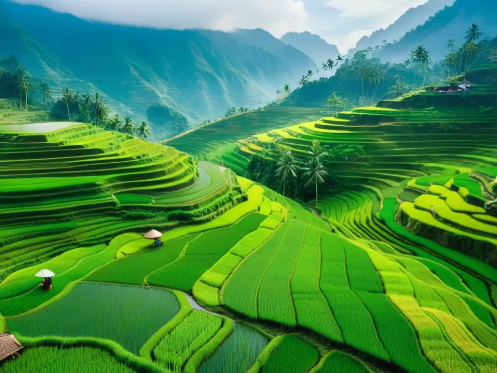 Vista aérea de arrozales en terrazas en Asia, con agricultores plantando semillas de arroz a mano