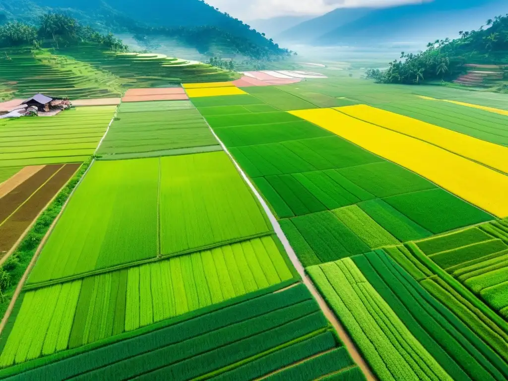 Vista aérea de arrozales verdes en Asia, donde agricultores en ropa tradicional colaboran, destacando sistemas comunitarios agricultura Asia