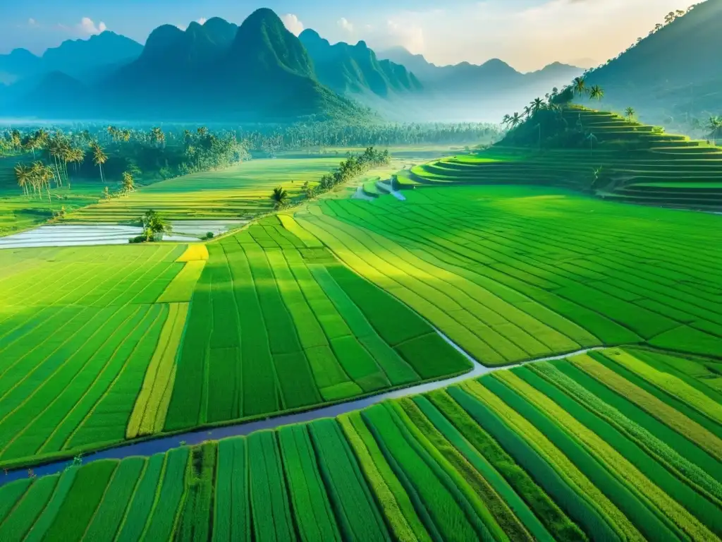 Vista aérea de arrozales verdes en Asia, con agricultores y montañas en la bruma