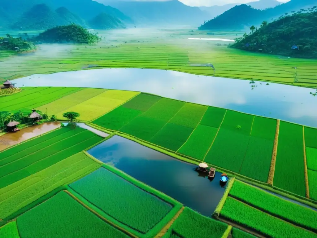 Vista aérea de arrozales vibrantes con agricultores y búfalos en rotación de cultivos, sabiduría ancestral en Asia