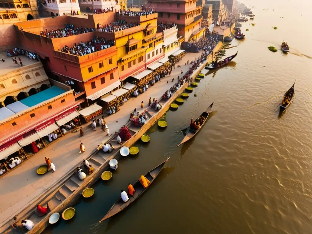 Vista aérea del Ganges al atardecer en Varanasi, India, con rituales sagrados y la dualidad de la vida moderna y tradicional