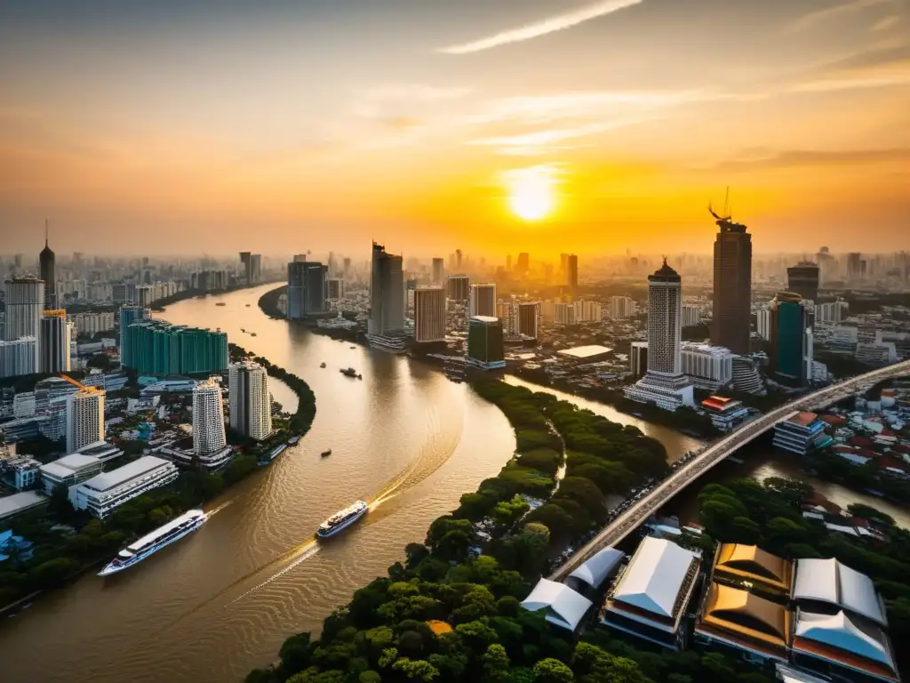 Vista aérea de Bangkok al atardecer, con rascacielos, templos y el río Chao Phraya