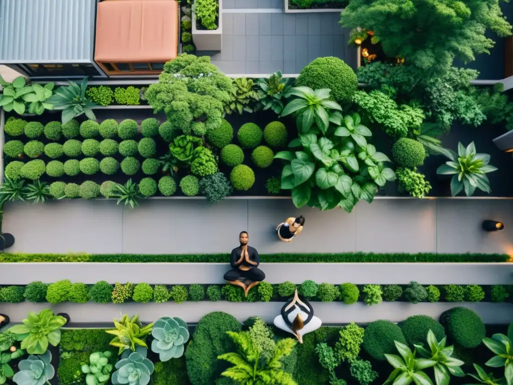 Vista aérea de jardines zen en azoteas urbanas, oasis de tranquilidad entre rascacielos y bullicio de la ciudad