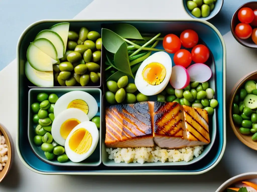 Vista aérea de un bento japonés con alimentos embellecedores de la dieta asiática, resaltando colores y texturas