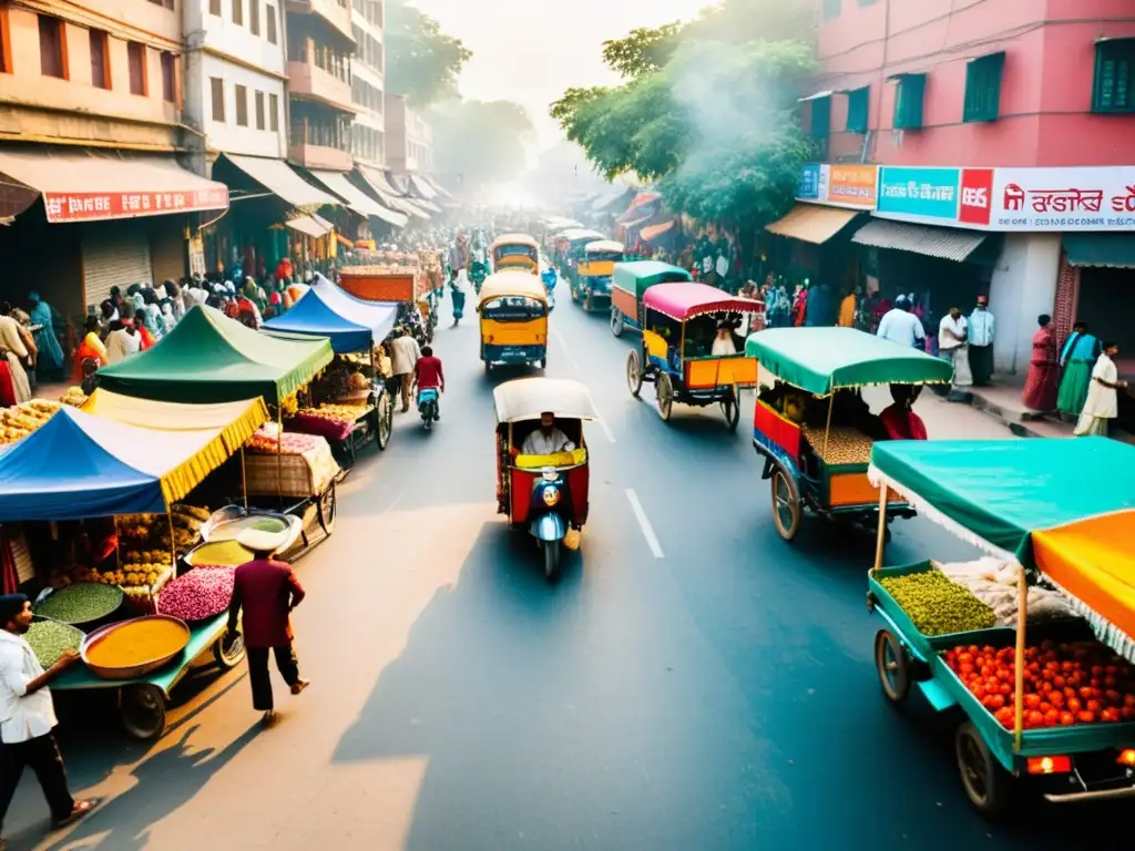 Vista aérea de una bulliciosa calle en Delhi, India, llena de colores, vendedores y rickshaws