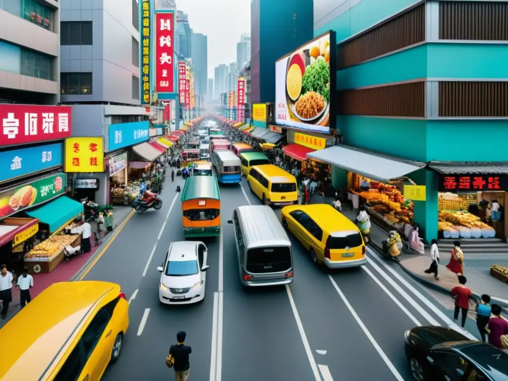 Vista aérea de una bulliciosa calle en una ciudad asiática contemporánea, reflejando la energía vibrante y la complejidad de la vida urbana, inspirada en el cine asiático contemporáneo