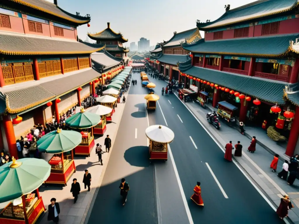 Vista aérea de una bulliciosa calle en una ciudad china diversa, reflejando la rica mezcla cultural