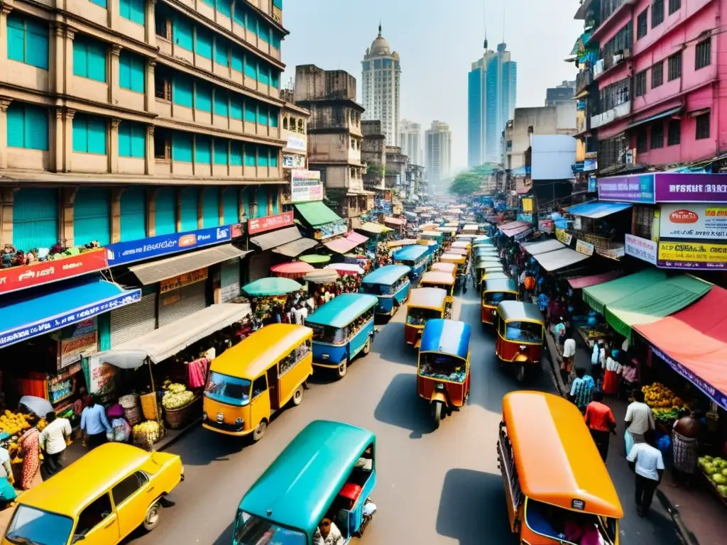 Vista aérea de una bulliciosa calle en Mumbai, India, con vendedores, rickshaws y edificios coloridos