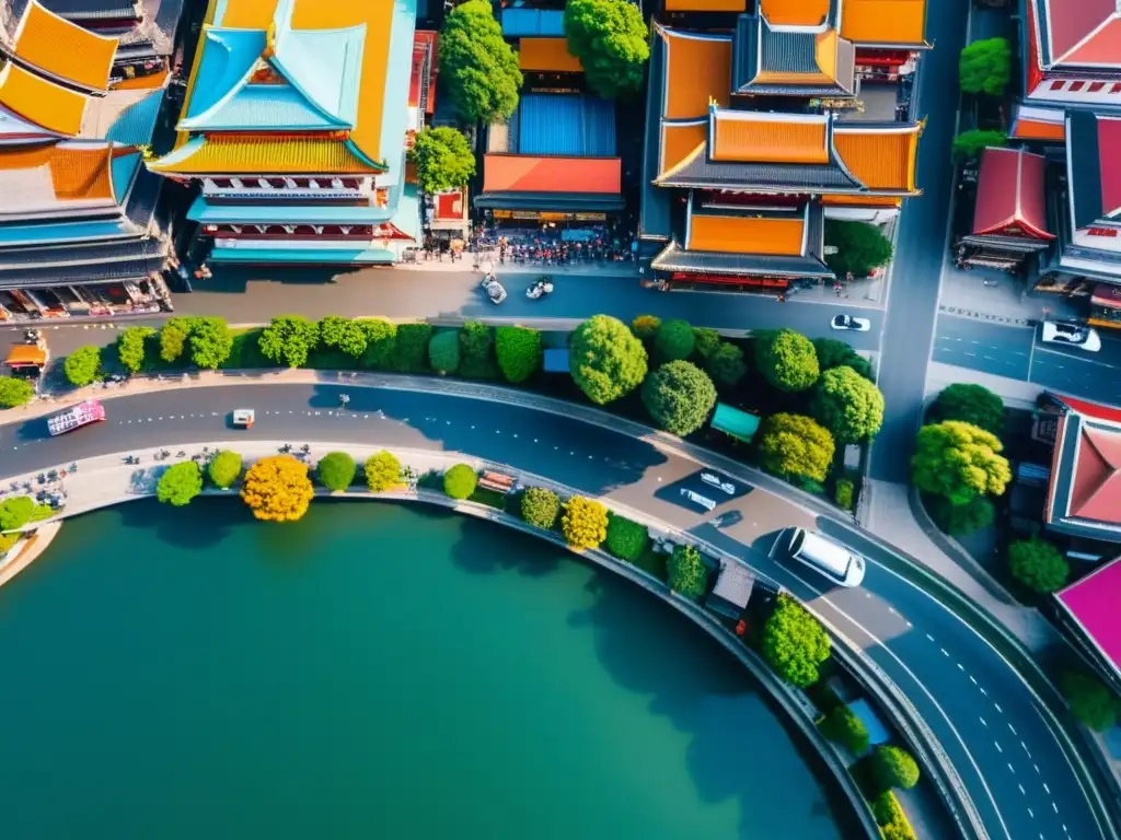 Vista aérea de una bulliciosa ciudad asiática, con edificios coloridos, calles serpenteantes y un río cortando el paisaje urbano