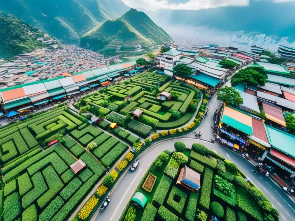 Vista aérea de una bulliciosa ciudad asiática con tecnología asiática democratizando la fotografía aérea