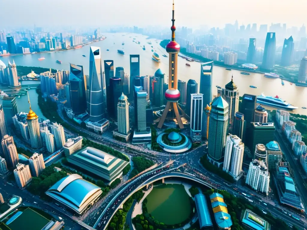 Una vista aérea de la bulliciosa ciudad de Shanghái, China, con su icónico horizonte de modernos rascacielos junto a la arquitectura tradicional