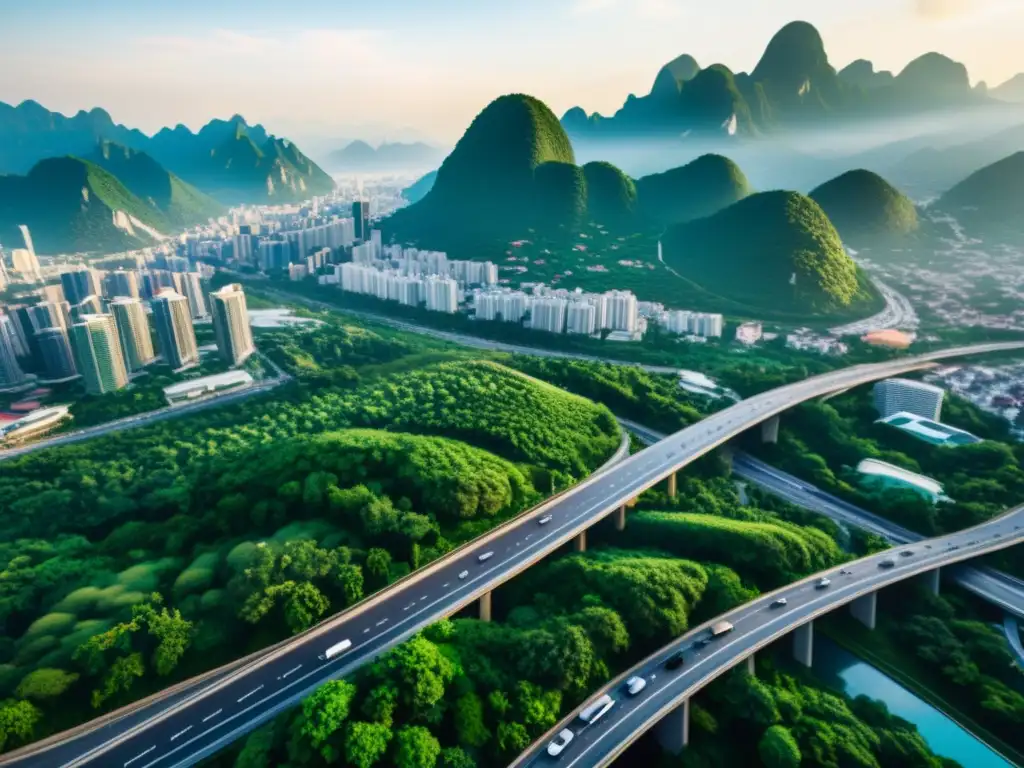 Metrópolis asiática: rascacielos, carreteras y naturaleza Vista aérea de una bulliciosa ciudad asiática, con rascacielos, carreteras llenas de autos y montañas al fondo