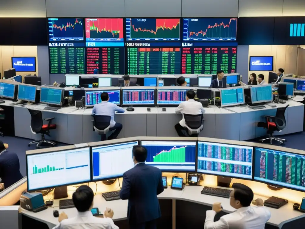 Vista aérea de la bulliciosa sala de operaciones de un mercado de futuros en Asia, con traders en intensas negociaciones y pantallas financieras