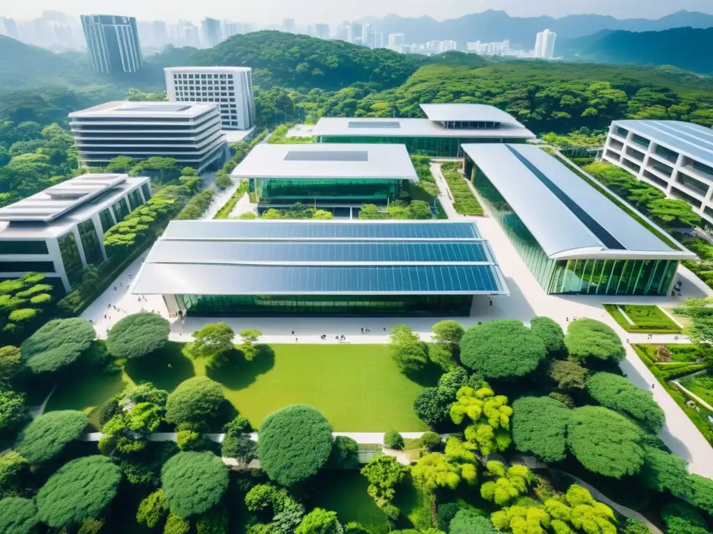 Vista aérea de una bulliciosa universidad asiática con tecnología de vanguardia y rodeada de exuberante vegetación