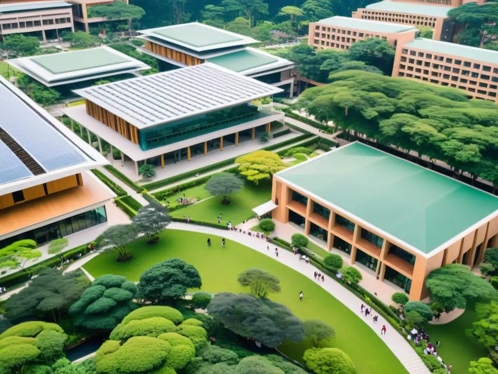 Vista aérea de la bulliciosa vida universitaria en Asia, con estudiantes entre edificios modernos y exuberante vegetación