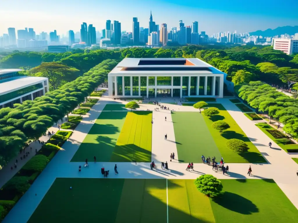 Vista aérea de bullicioso campus universitario en Asia, con estudiantes entre modernas edificaciones y verdes espacios