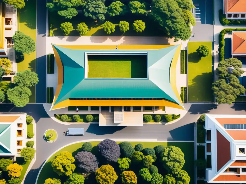 Vista aérea de un bullicioso campus universitario en Asia, con edificios modernos y monumentos tradicionales