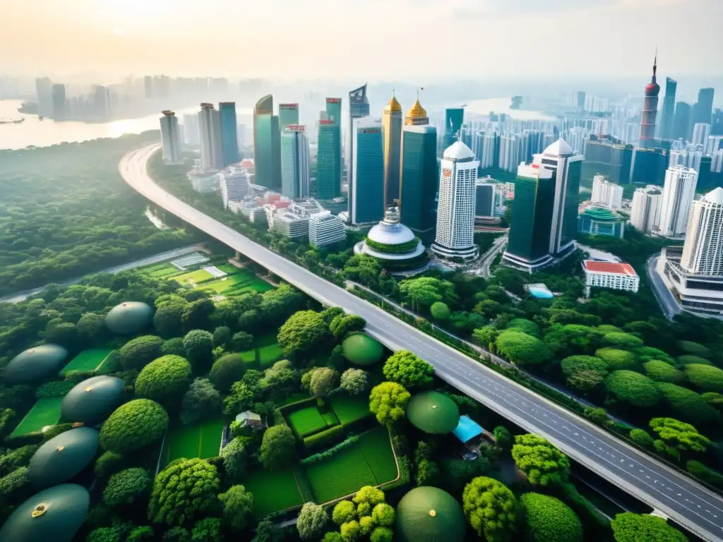 Vista aérea del bullicioso distrito financiero de una gran ciudad asiática, con rascacielos, vegetación exuberante y redes viales