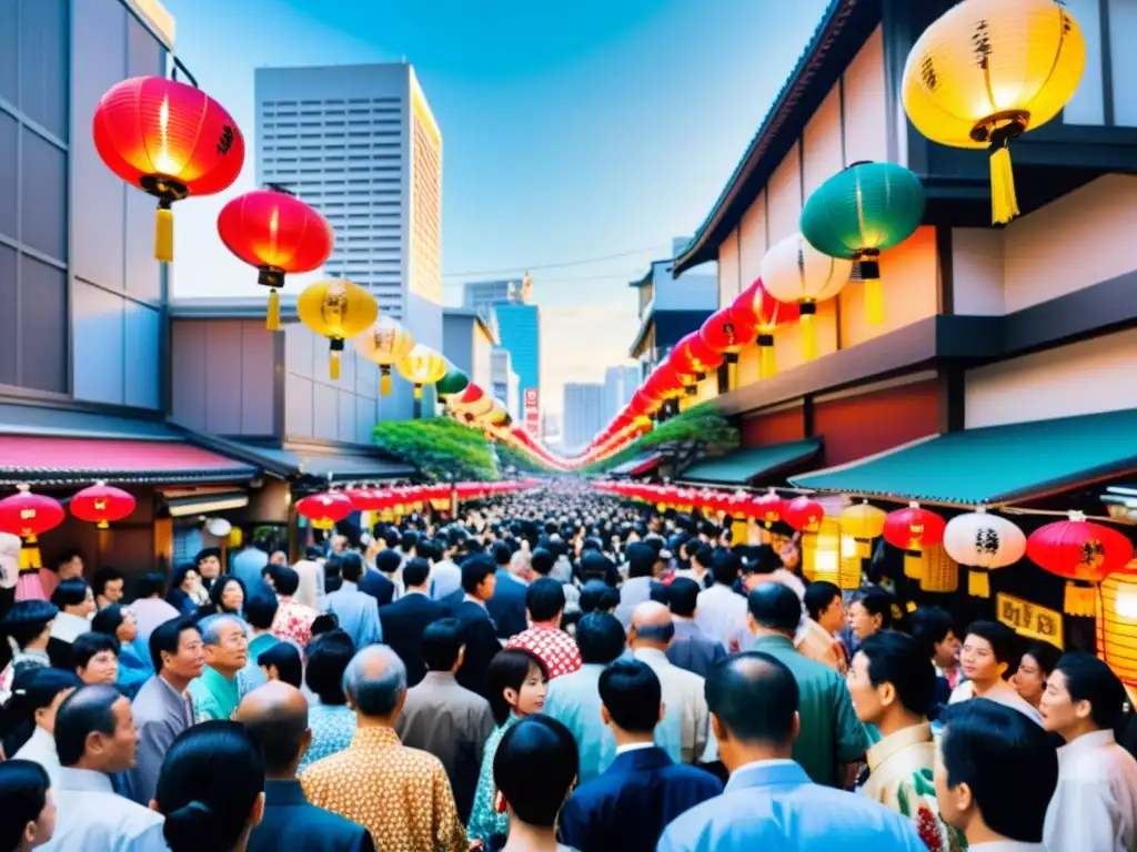 Vista aérea del bullicioso festival Matsuri en Tokyo, con yukatas coloridos y puestos de comida