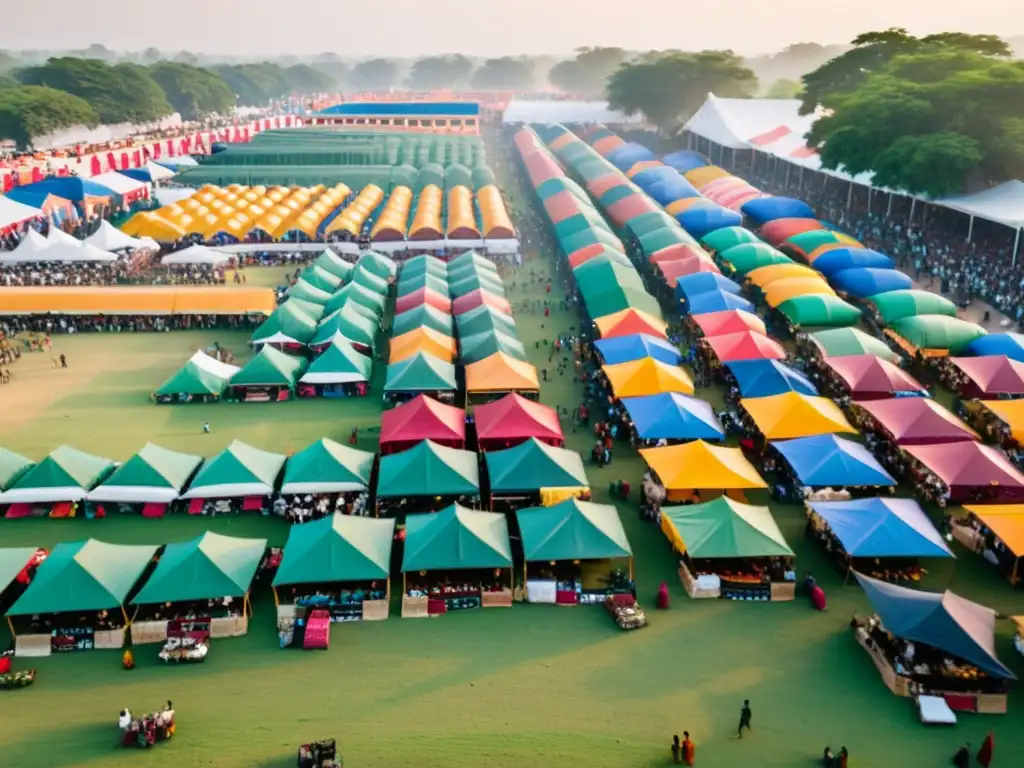 Vista aérea de un bullicioso festival de cine en India con coloridas carpas y cinéfilos entusiastas disfrutando del ambiente vibrante al atardecer