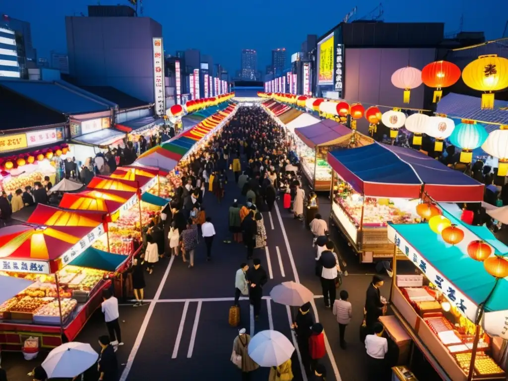 Vista aérea de un bullicioso mercado nocturno en Tokio, Japón, con carteles de neón y faroles iluminando la escena