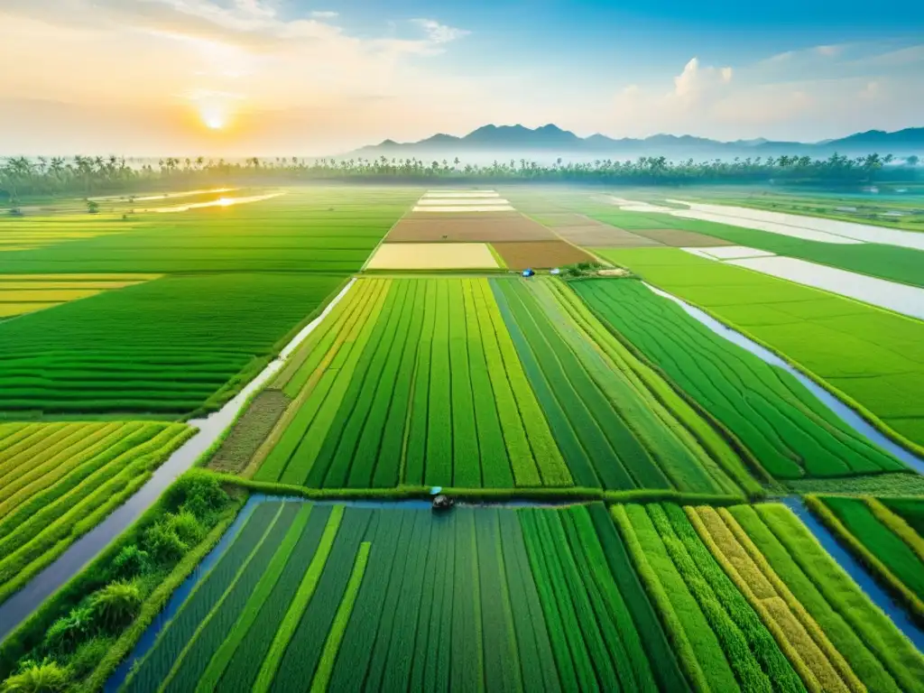 Vista aérea de campos de arroz verdes con trabajadores en sombreros cónicos, reflejando el sol