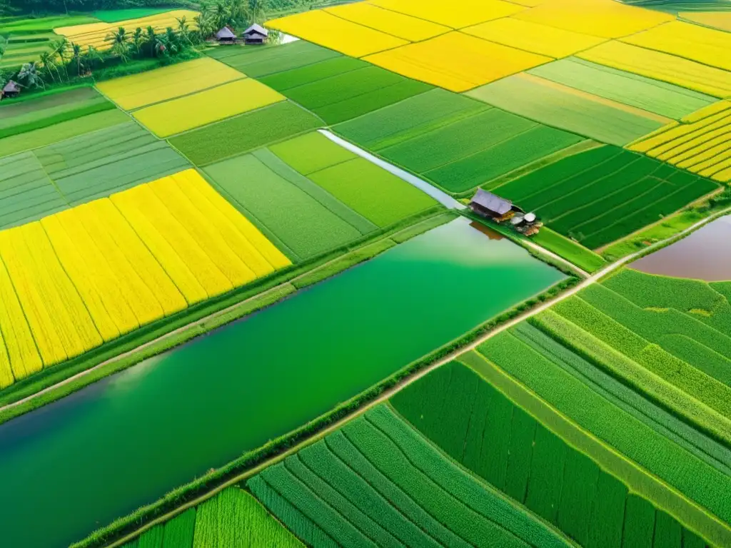 Vista aérea de campos de arroz asiáticos, con granjas y agricultores trabajando