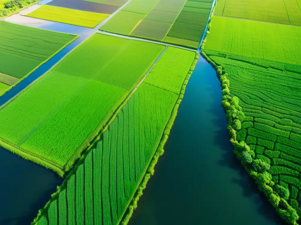 Vista aérea de campos de arroz en Japón, con agricultores y montañas