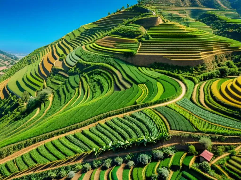 Vista aérea de campos en terrazas, con red de canales de riego y cultivos diversos