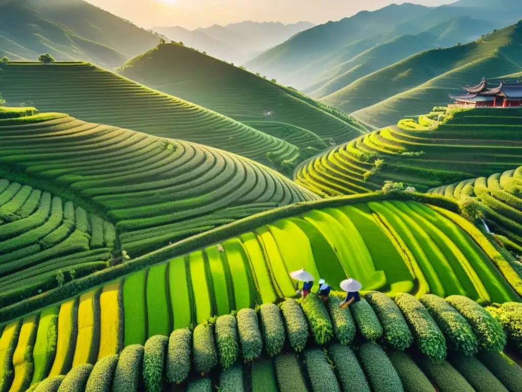 Vista aérea de campos de té verde en las colinas de China, con trabajadores cosechando hojas de té y estructuras tradicionales