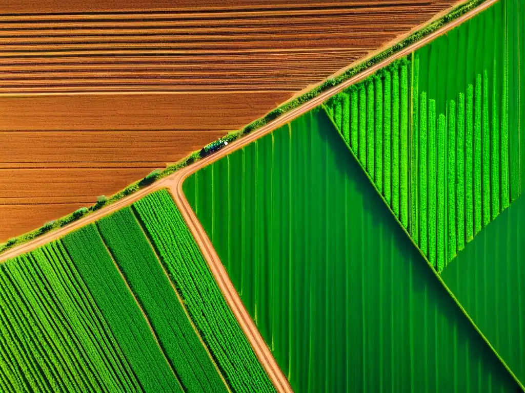 Vista aérea de campos verdes y parcelas geométricas con agricultores practicando técnicas de barbecho en agricultura milenaria