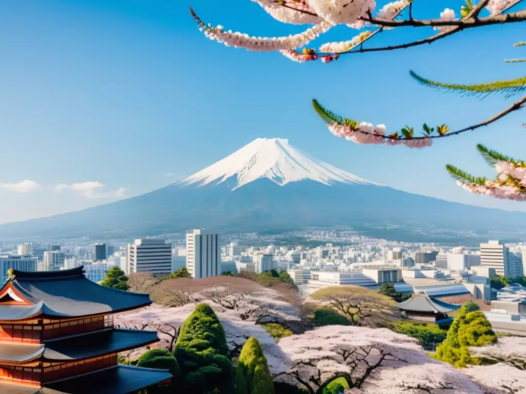 Vista aérea de campus universitario en Japón con arquitectura moderna y tradicional, árboles de sakura en flor y el majestuoso Monte Fuji al fondo