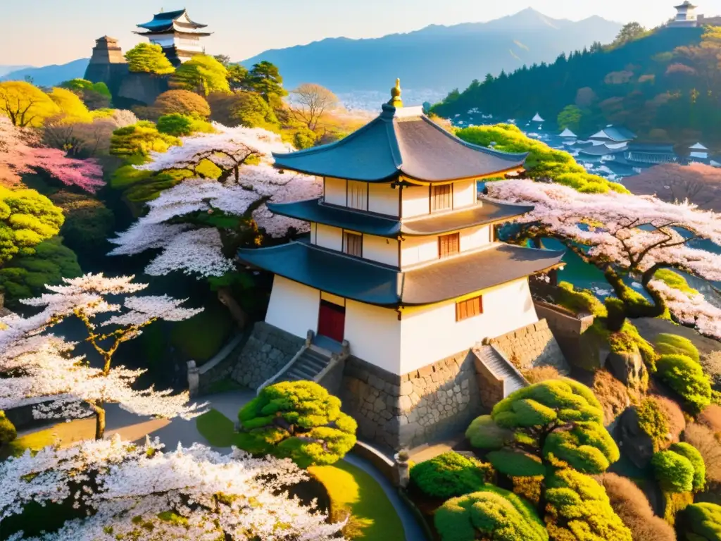 Vista aérea de un castillo japonés rodeado de cerezos en flor al atardecer