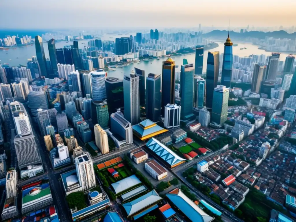 Vista aérea de una ciudad asiática en transición, con modernos rascacielos y edificios tradicionales, reflejando la vida contemporánea y tradicional